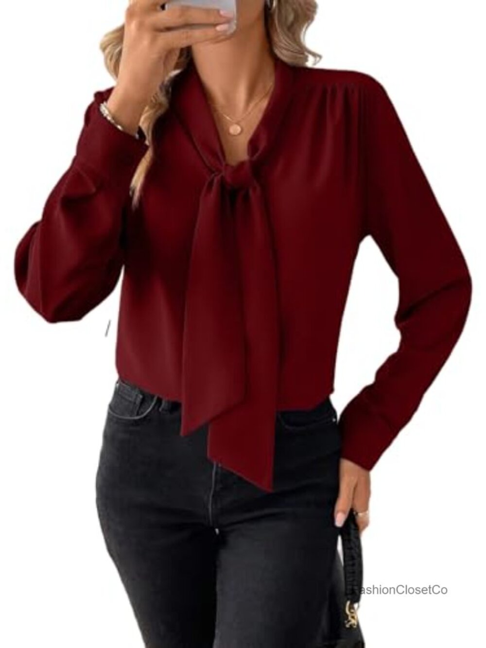 Women's Bow Tie Neck Blouse Long Sleeve Work Top Business Casual